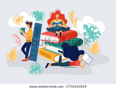 People reading and enjoying interesting books vector illustration. Stack of books with colourful covers flat style. Education and fiction story concept. Isolated on blue background