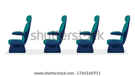 Row of empty passenger seats for public transport on white background. Aisle with business class, first class or economy seats concept for airplane, train or bus. blue color.