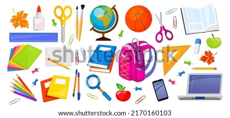 Big set of school supplies. Books, sticky notes, pens, pencils, coloring brushes, scissors, a backpack, a smartphone, a globe, a laptop, stuff children need in school. Isolated on white background.