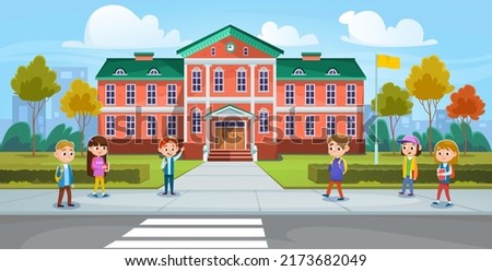 A diverse group of children near a school building. Happy kids with backpacks and books are happy to start the new school year. Boys and girls go back to school cartoon style vector illustration.