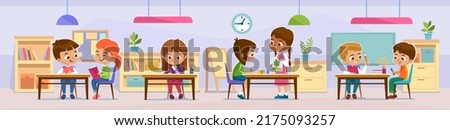 A diverse group of children, boys and girls, studying and playing in a classroom. School class or kindergarten interior with kids sitting behind desks. Cartoon style vector illustration.