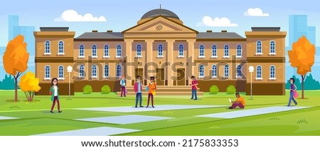 A diverse group of students before a university campus building, college or library. Young people walk with books in a garden and talk before studying. Cartoon style vector illustration.