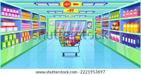 Supermarket with a cart full of food items on shelves. Grocery store interior background. Vintage retail shop with products on display for sale. Cartoon style illustration vector illustration.