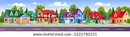 A row of residential houses on a suburban street near the road. Landscape view of a city neighborhood. House with a yard, a lawn and a garden. Cartoon style real estate. Vector illustration.