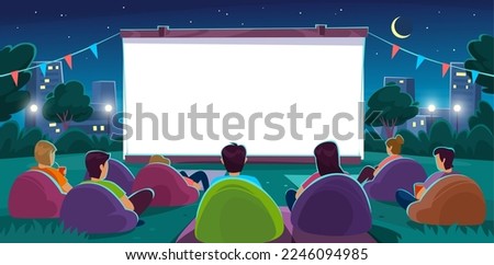 Open air cinema with people sitting on a lawn watching a movie on a big white projector screen. Friends on a movie night with popcorn in a park outside a city. Cartoon style vector illustration.