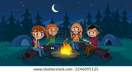 Kids sit around a campfire in the wood at night with marshmallows and tell scary stories. Children sit on logs at a campsite around a fire. Moon and stars in the sky. Cartoon style vector illustration