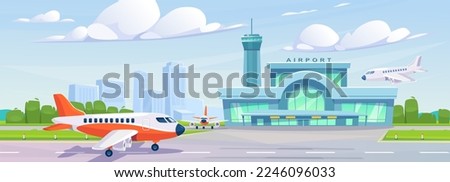 Landscape view of an airport building with a flight tower and a city in the background. An airplane taking off a runway, landing, and parking on an airfield. Cartoon style vector illustration.