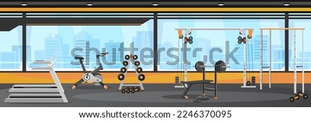 Modern gym interior design with machines and free weights. Fitness center illustration with training equipment: treadmill, cycle, bench, dumbbells, barbell, crossover. Cartoon style vector background.