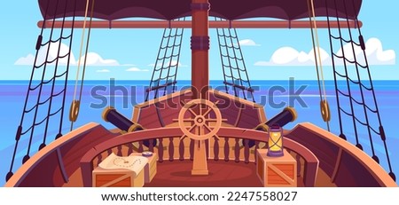 Ship deck view with a steering wheel, canons, and a mast with black sails. Pirate game background. Captain's place with helm, treasure map, lantern and compass. Cartoon style vector illustration.
