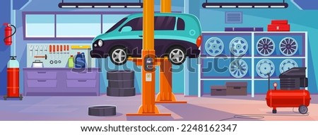 Car repair shop interior design with tools and equipment. Auto service background with a car under inspection. Check engine and tire pressure and run diagnostics. Cartoon style vector illustration.