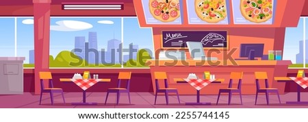Vector illustration of a modern pizzeria interior design. Cartoon style restaurant or fast food kitchen background with a counter, oven, furniture, empty tables and Italian pizza on the menu.