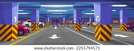 Vector illustration of an underground parking lot inside a building or a mall. The interior design of a garage with multiple parking spots with markings, signs, columns and cars in cartoon style.