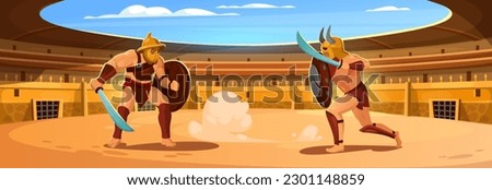 Gladiators fighting in a coliseum arena. Battle in an ancient Roman amphitheater. Warrior characters in armor with shields and swords in a stadium for game design. Cartoon vector illustration.