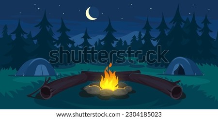 Night camp in a forest with tents, campfire and log near it. Landscape view on a campsite in the mountains. Summer outdoor vacation. Camping background for game design. Cartoon vector illustration.