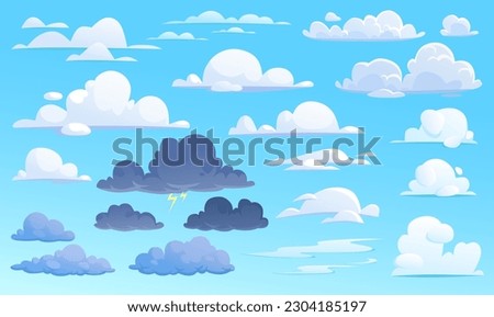 Clouds set for different weather in cartoon style isolated on blue. Fluffy white cotton clouds and dark storm cumulus with lightning in the sky. Vector icon collection for game design and app UI.