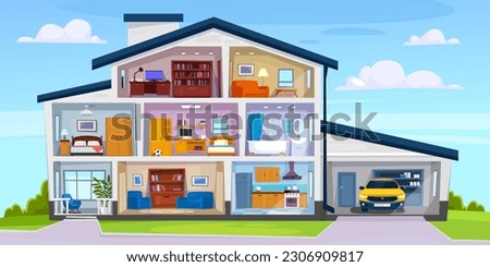 A cut view of a three-story house. The interior design of a modern suburban home with a garage, kitchen, living room, attic, and bathroom in a cross sectional view. Cartoon vector illustration.