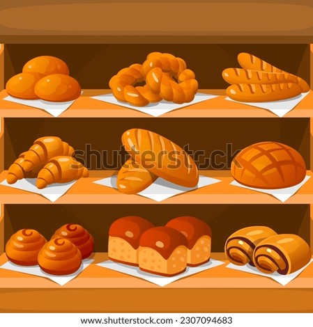 A wooden shelf full of pastries in a bakery. Baked goods on a stand in a grocery store. Cinnamon rolls, bread, croissants, baguette and chocolate buns are on display. Cartoon vector illustration.