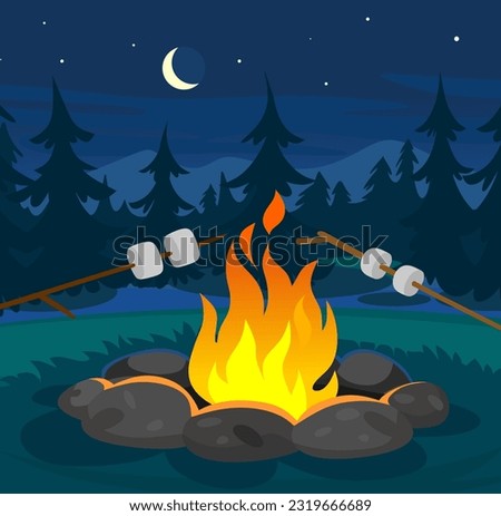 Roasting marshmallows on branches over a campfire in the forest at night. Background of a party in a camp with cooking marshmallows on a fire, moon and stars in the sky. Cartoon vector illustration.