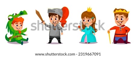 Children in costumes for a fairy tale theater play isolated on white background. Boy and girl students dressed as a king, princess, knight, prince and dragon. Cartoon vector illustration.