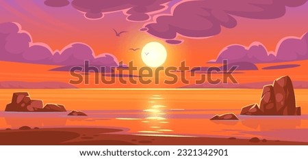 Background of a beautiful sunset on the ocean beach. Landscape view of a sunrise on the tropical seashore. Sun setting on the horizon with pink clouds in the sky. Cartoon vector illustration.
