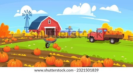 Vector background of the traditional pumpkin patch. Holiday pumpkin picking on a farm with a vintage truck, scarecrow, red barn, fence, and windmill. Landscape view of a field harvest in fall.