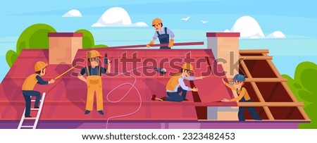 Background of builders replacing shingles on the house. Landscape view of a group of construction workers installing a new roof. Roofing and renovation of a building. Cartoon vector illustration.