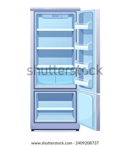 Cartoon fridge vector illustration. Flat style open refrigerator with empty shelves. Front View of modern blue two-compartment refrigerator with freezer isolated on white background.