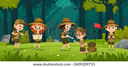 Kids Scouts summer camp vector illustration. Happy little boy scouts and girl scouts in the forest. Cute little tourists hiking and exploring nature. Camping cartoon vector illustration.