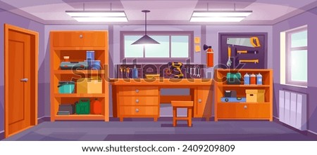 Garage interior cartoon vector illustration. Garage workshop with mechanic equipment. Storeroom interior with various tools for carpentry, car and repair, shelves, table, lamps and furniture.