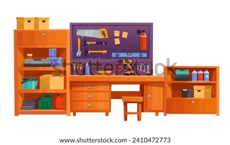 Garage workshop cartoon vector illustration. Flat style workshop with mechanic equipment isolated on white background.  Various tools for carpentry, car and repair, shelves, table, lamps, furniture.  