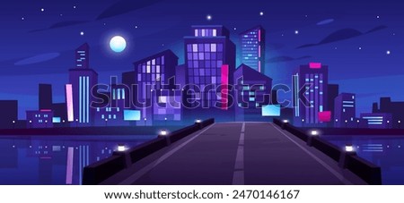 Night city cartoon vector illustration. Urban landscape with skyscraper silhouettes near the quay at night. Glowing futuristic city downtown with city road, bridge over water, full moon, starry sky.