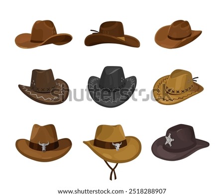 Cowboy Hats set in Various Styles and Colors isolated on white background. Vector Illustration. Cartoon elements for western, cowboy, country, fashion-themed projects, poster and character design.