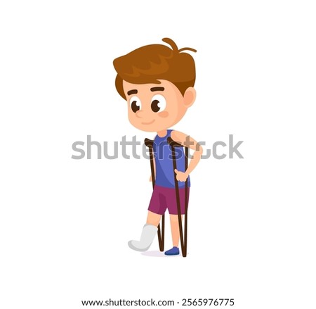 Sad cartoon little boy a leg cast using crutches for support. Cute kid character flat style vector illustration. Child character for books, healthcare, educational content related to injuries.