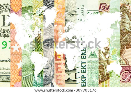 collage of four main world currencies in pieces with white the map of the world