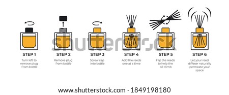 Instructions for a reed diffuser. Isolated icons on white background. Vector.  商業照片 © 