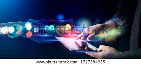 Man technology future lifestyle, digital marketing IOT internet of thing future AI technology smart device social network, man with tablet surfing internet futuristic metaverse NFT background