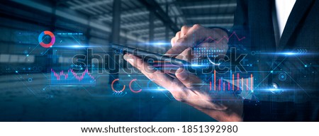 Finance business investment strategy competition, investment security data analytic artificial intelligence technology finger point futuristic graph chart stock exchange data finance symbol screen 商業照片 © 