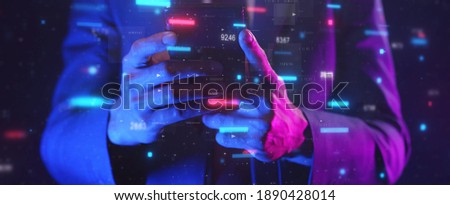 Smart businessman typing financial data on mobile phone with futuristic stock chart graphic, Business investor stock exchange market and crypto currency digital technology ideas background 