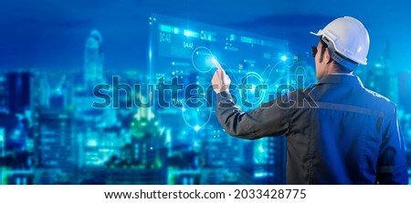Digital world smart city, engineer working with digital technology security control power energy and sustainable resource environment technology