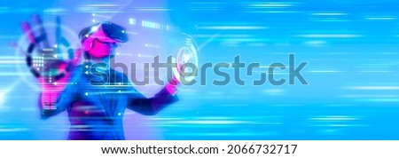 Metaverse digital cyber world technology, man with virtual reality VR goggle playing AR augmented reality game and entertainment, futuristic lifestyle