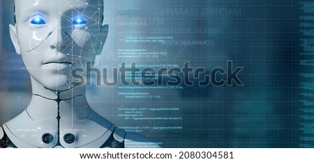 3D humanoid robot face close up metaverse smart digital world coding background, AI artificial intelligence automated digital smart city technology concept,  商業照片 © 