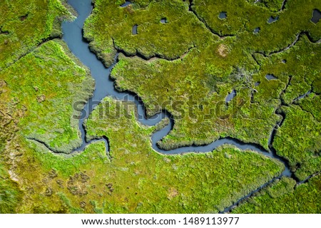 Similar – Image, Stock Photo Aerial View Green Marsh And River Landscape In Summer Day. Top View Of Beautiful European Nature From High Attitude In Summer Season. Drone View. Bird’s Eye View