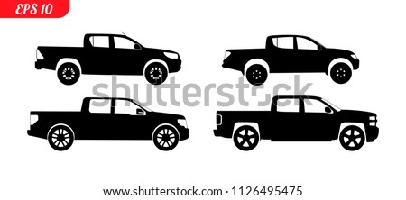 Set of car silhouettes, black pick up car silhouettes, logo pickup isolated on white background, vector illustration car logotype. Set car silhouettes pickup, delivery repair EPS 10 monochrome icons