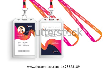  corporate Id card with lanyard set isolated vector illustration. Blank plastic access card, name tag holder with pin ribbon, corporate card key, personal security badge, press event pass template.