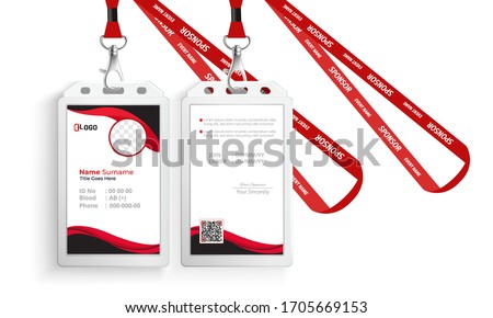 corporate id card with lanyard set isolated vector illustration. Blank plastic access card, name tag holder with pin ribbon, corporate card key, personal security badge, press event pass template.