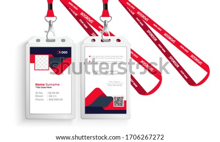 corporate id card with lanyard set isolated vector illustration. Blank plastic access card, name tag holder with pin ribbon, corporate card key, personal security badge, press event pass template.