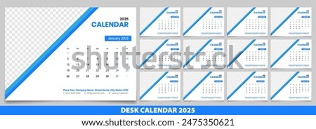 Calendar 2025 with simple and modern design, Week starts Monday, Simple calendar layout or Yearly diary Organizer in English. New Calander design 2025 vector eps