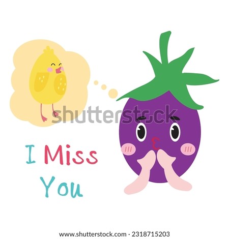 I miss you concept card with cute eggplant, thinking with chick  Speech bubble. on white background flat vector illustration.