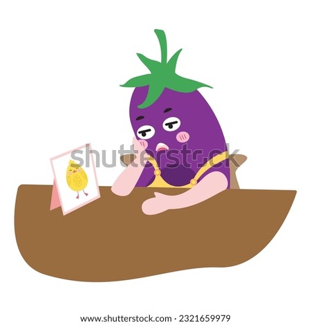 I miss you concept card with cute eggplant thinking with chick On a flat vector illustration. white background.