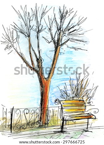 hand drawn sketch, bench and shrubs in the park in the early spring